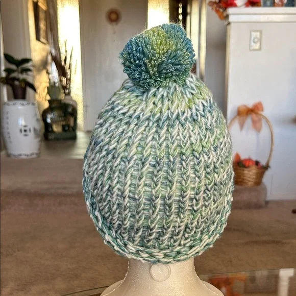 Handmade Blue and Green Knit Beanie - Picture 3 of 10